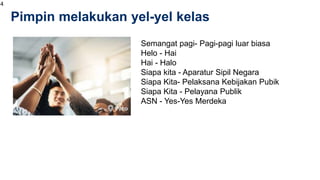 Pimpin melakukan yel-yel kelas
4
Semangat pagi- Pagi-pagi luar biasa
Helo - Hai
Hai - Halo
Siapa kita - Aparatur Sipil Negara
Siapa Kita- Pelaksana Kebijakan Pubik
Siapa Kita - Pelayana Publik
ASN - Yes-Yes Merdeka
 