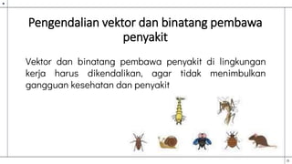 Pengendalian vektor dan binatang pembawa
penyakit
Vektor dan binatang pembawa penyakit di lingkungan
kerja harus dikendalikan, agar tidak menimbulkan
gangguan kesehatan dan penyakit
 