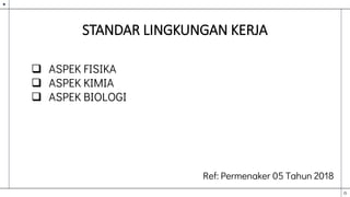 STANDAR LINGKUNGAN KERJA
 ASPEK FISIKA
 ASPEK KIMIA
 ASPEK BIOLOGI
Ref: Permenaker 05 Tahun 2018
 