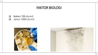 FAKTOR BIOLOGI
 Bakteri 700 cfu/m3
 Jamur 1.000 cfu/m3
 