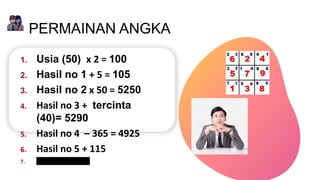 PERMAINAN ANGKA
1. Usia (50) x 2 = 100
2. Hasil no 1 + 5 = 105
3. Hasil no 2 x 50 = 5250
4. Hasil no 3 + tercinta
(40)= 5290
5. Hasil no 4 – 365 = 4925
6. Hasil no 5 + 115
7. Umur anda : 50
 