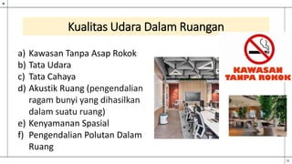 Kualitas Udara Dalam Ruangan
a) Kawasan Tanpa Asap Rokok
b) Tata Udara
c) Tata Cahaya
d) Akustik Ruang (pengendalian
ragam bunyi yang dihasilkan
dalam suatu ruang)
e) Kenyamanan Spasial
f) Pengendalian Polutan Dalam
Ruang
 