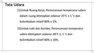 (1)Untuk Ruang Kerja, Perencanaan temperatur udara
dalam ruang ditetapkan sebesar 25°C ± 1 °c dan
kelembaban relatif 60% ± 5%.
(2)Untuk Lobi dan Koridor, Perencanaan temperatur
udara ditetapkan sebesar 28°C ±, 1 °c dan
kelembaban relatif 60% ± 10%.
Tata Udara
 