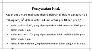 Persyaratan Fisik
• Kadar maksimal CO2 yang dipersyaratkan tidak melebihi 1000 ppm
dalam waktu 8 jam.
• Kadar maksimal CO yang dipersyaratkan tidak melebihi 9,00 ppm
dalam waktu 8 jam.
• Asbes, kadar maksimal yang diperbolehkan di dalam bangunan 5 serat I
ml.
 