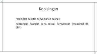 Kebisingan
Parameter Kualitas Kenyamanan Ruang :
Kebisingan ruangan kerja sesuai persyaratan (maksimal 85
dBA)
 
