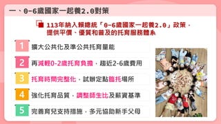 一、0-6歲國家一起養2.0對策
113年納入賴總統「0-6歲國家一起養2.0」政策，
提供平價、優質和普及的托育服務體系
擴大公共化及準公共托育量能
1
再減輕0-2歲托育負擔，趨近2-6歲費用
2
托育時間完整化，試辦定點臨托場所
3
強化...