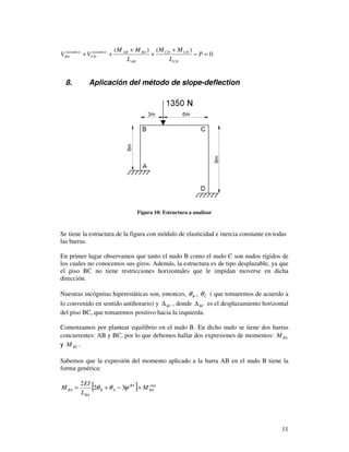 11
0
)()(
=−
+
+
+
++ P
L
MM
L
MM
VV
CD
CDCD
AB
BAABisostático
CD
isostático
BA
8. Aplicación del método de slope-deflection
Figura 10: Estructura a analizar
Se tiene la estructura de la figura con módulo de elasticidad e inercia constante en todas
las barras.
En primer lugar observamos que tanto el nudo B como el nudo C son nudos rígidos de
los cuales no conocemos sus giros. Además, la estructura es de tipo desplazable, ya que
el piso BC no tiene restricciones horizontales que le impidan moverse en dicha
dirección.
Nuestras incógnitas hiperestáticas son, entonces, Bθ , Cθ ( que tomaremos de acuerdo a
lo convenido en sentido antihorario) y BC∆ , donde BC∆ es el desplazamiento horizontal
del piso BC, que tomaremos positivo hacia la izquierda.
Comenzamos por plantear equilibrio en el nudo B. En dicho nudo se tiene dos barras
concurrentes: AB y BC, por lo que debemos hallar dos expresiones de momentos: BAM
y BCM .
Sabemos que la expresión del momento aplicado a la barra AB en el nudo B tiene la
forma genérica:
[ ] emp
BA
BA
AB
BA
BA M
L
EI
M +−+= ψθθ 32
2
 