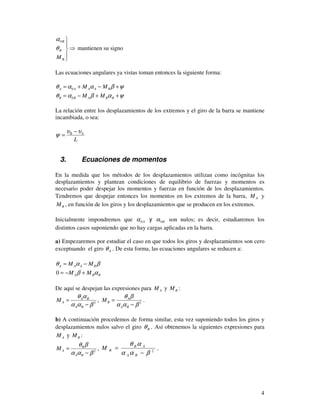 4
⇒





B
B
B
M
θ
α0
mantienen su signo
Las ecuaciones angulares ya vistas toman entonces la siguiente forma:
ψαβαθ
ψβααθ
++−=
+−+=
BBABB
BAAAA
MM
MM
0
0
La relación entre los desplazamientos de los extremos y el giro de la barra se mantiene
incambiada, o sea:
L
AB υυ
ψ
−
=
3. Ecuaciones de momentos
En la medida que los métodos de los desplazamientos utilizan como incógnitas los
desplazamientos y plantean condiciones de equilibrio de fuerzas y momentos es
necesario poder despejar los momentos y fuerzas en función de los desplazamientos.
Tendremos que despejar entonces los momentos en los extremos de la barra, AM y
BM , en función de los giros y los desplazamientos que se producen en los extremos.
Inicialmente impondremos que A0α y B0α son nulos; es decir, estudiaremos los
distintos casos suponiendo que no hay cargas aplicadas en la barra.
a) Empezaremos por estudiar el caso en que todos los giros y desplazamientos son cero
exceptuando el giro Aθ . De esta forma, las ecuaciones angulares se reducen a:
BBA
BAAA
MM
MM
αβ
βαθ
+−=
−=
0
De aquí se despejan las expresiones para AM y BM :
2
βαα
αθ
−
=
BA
BA
AM , 2
βαα
βθ
−
=
BA
A
BM .
b) A continuación procedemos de forma similar, esta vez suponiendo todos los giros y
desplazamientos nulos salvo el giro Bθ . Así obtenemos la siguientes expresiones para
AM y BM :
2
βαα
βθ
−
=
BA
B
AM , 2
βαα
αθ
−
=
BA
AB
BM .
 