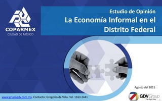 Estudio de Opinión
La Economía Informal en el
Distrito Federal
Agosto del 2015
www.grupogdv.com.mx. Contacto: Gregorio de Villa. Tel. 1163 2441
1
 