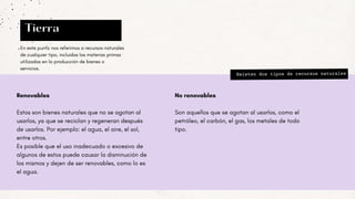 Tierra
Renovables
Estos son bienes naturales que no se agotan al
usarlos, ya que se reciclan y regeneran después
de usarlos. Por ejemplo: el agua, el aire, el sol,
entre otros.
Es posible que el uso inadecuado o excesivo de
algunos de estos puede causar la disminución de
los mismos y dejen de ser renovables, como lo es
el agua.
Existen dos tipos de recursos naturales
En este punto nos referimos a recursos naturales
de cualquier tipo, incluidas las materias primas
utilizadas en la producción de bienes o
servicios.
No renovables
Son aquellos que se agotan al usarlos, como el
petróleo, el carbón, el gas, los metales de todo
tipo.
 