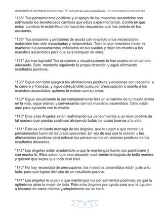 LOS NUMEROS DE LOS ANGELES de Doreen Virtue /// Compilado por www.estrelladeluz.org /// recomendamos la compra del libro
17
*135* Tus pensamientos positivos y el apoyo de los maestros ascendidos han
estimulado los beneficiosos cambios que estas experimentando. Confía en que
estos cambios te están llevando hacia las respuestas que has pedido en tus
oraciones.
*136* Tus oraciones y peticiones de ayuda con respecto a tus necesidades
materiales han sido escuchadas y respondidas. Todo lo que necesitas hacer es
mantener tus pensamientos enfocados en tus sueños y dejar los miedos a los
maestros ascendidos para que se encarguen de ellos.
*137* ¡Lo has logrado! Tus oraciones y visualizaciones te han puesto en el camino
adecuado. Solo mantente siguiendo tu propia dirección y sigue afirmando
resultados positivos.
*138* Sigue con total apego a tus afirmaciones positivas y oraciones con respecto a
tu carrera y finanzas, y sigue delegándole cualquier preocupación o asunto a los
maestros ascendidos, quienes te rodean con su amor.
*139* Sigue visualizando tu ser completamente feliz en el camino de tu misión divina
en la vida, sigue orando y conversando con los maestros ascendidos. Ellos están
aquí para ayudarte con tu misión.
*140* Dios y los Ángeles están reafirmando tus pensamientos a un nivel positivo de
tal manera que puedas continuar atrayendo todas las cosas buenas a tu vida.
*141* Este es un fuerte mensaje de los ángeles que te urgen a que retires tus
pensamientos fuera de las preocupaciones. En vez de eso usa la oración y las
afirmaciones positivas para enfocar tus pensamientos en visiones positivas de los
resultados deseados.
*142* Los ángeles están ayudándote a que te mantengas fuerte con positivismo y
con mucha fe. Ellos saben que esta situación está siendo trabajada de bella manera
y quieren que sepas que todo está bien.
*143* No hay necesidad de preocuparse, los maestros ascendidos están justo a tu
lado, para que logres disfrutar de un resultado positivo.
*144* Los ángeles te urgen a que mantengas tus pensamientos positivos, ya que tu
optimismo atrae lo mejor de todo. Pide a los ángeles por ayuda para que te ayuden
a liberarte de estos miedos y simplemente así se hará.
 