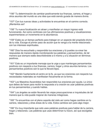 LOS NUMEROS DE LOS ANGELES de Doreen Virtue /// Compilado por www.estrelladeluz.org /// recomendamos la compra del libro
19
*156* Tu determinación de cambiar positivamente tus finanzas, carrera, el hogar y
otros asuntos del mundo es una idea que está siendo guiada de manera divina.
*157* Con tus nuevas ideas y actividades te encuentras en el camino correcto.
¡Mantenlos así!
*158* Tu nueva focalización en atraer y manifestar un mayor ingreso está
funcionando. Así como continúes con tus afirmaciones positivas y visualizaciones
experimentaras un incremento en la abundancia.
*159* Estés es un tiempo perfecto para trabajar en un aspecto del propósito divino
de tu vida. Escoge el primer paso de acción que te venga a la mente relacionado
con tus intereses espirituales.
*160* Dios ha escuchado y respondido tus oraciones y tú puedes co-crear las
respuestas de manera rápida monitoreando tus palabras y pensamientos, de tal
manera que siempre estés describiéndote a ti mismo y a tu situación en términos
positivos.
*161* Este es un importante mensaje que te urge a que mantengas pensamientos
positivos con respecto a tus finanzas, carrera, hogar y otros asuntos terrenos. Los
pensamientos positivos son lo que te llevará lejos.
*162* Mantén fuertemente el centro en la fe, ya que tus oraciones con respecto tus
necesidades materiales se manifiestan físicamente en la forma.
*163* Los Maestros Ascendidos han respondido tus oraciones por ayuda. Lo único
que debes de hacer para recibir la respuesta a tu oración es usar palabras positivas
en tus pensamientos y cuando hablas.
*164* Los ángeles se están llevando las viejas preocupaciones e inquietudes de tal
manera que tu vida puede mejorar de maneras milagrosas.
*165* Te encuentras con el pleno soporte del cielo así como hagas cambios en tu
carrera, relaciones y otras áreas de tu vida. Estos cambios son para algo mejor.
*166* Es muy importante que solo uses palabras positivas para hablar de tu carrera,
hogar y relaciones. Las palabras que usas determinan tu futuro, así que escógelas
bien.
 