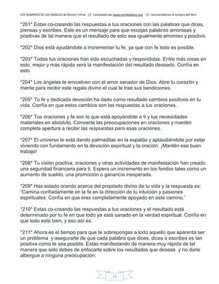 LOS NUMEROS DE LOS ANGELES de Doreen Virtue /// Compilado por www.estrelladeluz.org /// recomendamos la compra del libro
23
*201* Estas co-creando las respuestas a tus oraciones con las palabras que dices,
piensas y escribes. Este es un mensaje para que escojas palabras amorosas y
positivas de tal manera que el resultado de esto sea igualmente amoroso y positivo.
*202* Dios está ayudándote a incrementar tu fe, ya que con fe todo es posible.
*203* Todas tus oraciones han sido escuchadas y respondidas. Entre más creas en
esto, mejor y más rápida será la manifestación del resultado deseado. Confía en
esto.
*204* Los ángeles te envuelven con el amor sanador de Dios. Abre tu corazón y
mente para recibir este regalo divino el cual te trae sus bendiciones.
*205* Tú fe y dedicada devoción ha dado como resultado cambios positivos en tu
vida. Confía en que estos cambios son las respuestas a tus oraciones.
*206* Tus oraciones y fe son lo que está apoyándote a ti y tus necesidades
materiales en absoluto. Convierte las preocupaciones en oraciones y mantén
completa apertura a recibir las respuestas para esas oraciones.
*207* El universo te está dando palmaditas en la espalda y aplaudiéndote por estar
viviendo con fundamento en la devoción espiritual y la oración. ¡Mantén ese buen
trabajo!
*208* Tu visión positiva, oraciones y otras actividades de manifestación han creado
una seguridad financiera para ti. Espera un incremento en los fondos tales como un
aumento de sueldo, una promoción o ganancia inesperada.
*209* Has estado orando acerca del propósito divino de tu vida y la respuesta es:
“Camina confiadamente en la fe en la dirección de tu intuición y pasiones
espirituales. Confía en que eres completamente apoyado en este camino.”
*210* Estas co-creando las respuestas a tus oraciones y el resultado está
determinado por tu fe en que todo ya está sanado en la verdad espiritual. Confía en
que todo esté bien, y eso así es.
*211* Ahora es el tiempo para que te sobrepongas a todo aquello que aparenta ser
un problema y asegurarte de que cada palabra que dices, dices o escribes es tan
positiva como te sea posible. Estas manifestando de manera muy rápida de tal
manera que solo debes de enfocarte sobre los resultados que deseas y no darle
albergue a ninguna preocupación.
 