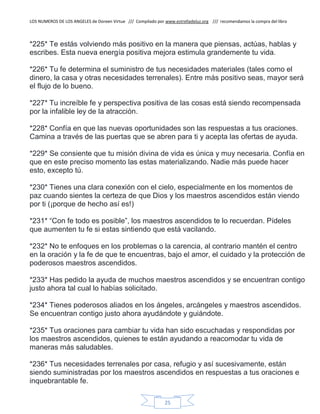 LOS NUMEROS DE LOS ANGELES de Doreen Virtue /// Compilado por www.estrelladeluz.org /// recomendamos la compra del libro
25
*225* Te estás volviendo más positivo en la manera que piensas, actúas, hablas y
escribes. Esta nueva energía positiva mejora estimula grandemente tu vida.
*226* Tu fe determina el suministro de tus necesidades materiales (tales como el
dinero, la casa y otras necesidades terrenales). Entre más positivo seas, mayor será
el flujo de lo bueno.
*227* Tu increíble fe y perspectiva positiva de las cosas está siendo recompensada
por la infalible ley de la atracción.
*228* Confía en que las nuevas oportunidades son las respuestas a tus oraciones.
Camina a través de las puertas que se abren para ti y acepta las ofertas de ayuda.
*229* Se consiente que tu misión divina de vida es única y muy necesaria. Confía en
que en este preciso momento las estas materializando. Nadie más puede hacer
esto, excepto tú.
*230* Tienes una clara conexión con el cielo, especialmente en los momentos de
paz cuando sientes la certeza de que Dios y los maestros ascendidos están viendo
por ti (¡porque de hecho así es!)
*231* “Con fe todo es posible”, los maestros ascendidos te lo recuerdan. Pídeles
que aumenten tu fe si estas sintiendo que está vacilando.
*232* No te enfoques en los problemas o la carencia, al contrario mantén el centro
en la oración y la fe de que te encuentras, bajo el amor, el cuidado y la protección de
poderosos maestros ascendidos.
*233* Has pedido la ayuda de muchos maestros ascendidos y se encuentran contigo
justo ahora tal cual lo habías solicitado.
*234* Tienes poderosos aliados en los ángeles, arcángeles y maestros ascendidos.
Se encuentran contigo justo ahora ayudándote y guiándote.
*235* Tus oraciones para cambiar tu vida han sido escuchadas y respondidas por
los maestros ascendidos, quienes te están ayudando a reacomodar tu vida de
maneras más saludables.
*236* Tus necesidades terrenales por casa, refugio y así sucesivamente, están
siendo suministradas por los maestros ascendidos en respuestas a tus oraciones e
inquebrantable fe.
 