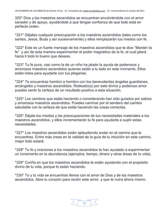 LOS NUMEROS DE LOS ANGELES de Doreen Virtue /// Compilado por www.estrelladeluz.org /// recomendamos la compra del libro
33
320* Dios y los maestros ascendidos se encuentran envolviéndote con el amor
sanador y de apoyo, ayudándote a que tengas confianza de que todo está en
perfecto orden.
*321* Déjales cualquier preocupación a los maestros ascendidos (tales como los
santos, Jesús, Buda y así sucesivamente) y ellos remplazarán tus miedos con fe.
*322* Este es un fuerte mensaje de los maestros ascendidos que te dice “Mantén la
fe” y así de esta manera experimentar el poder magnético de la fe, el cual jalará
hacia ti todo lo bueno que deseas.
*323* Tu fe pura, casi como la de un niño ha jalado la ayuda de poderosos y
amorosos maestros ascendidos quienes están a tu lado en este momento. Ellos
están listos para ayudarte con tus plegarias.
*324* Te encuentras hombro a hombro con los benevolentes ángeles guardianes,
arcángeles y maestros ascendidos. Rodeado(a) por este divino y poderoso amor
puedes sentir la certeza de un resultado positivo a esta situación.
*325* Los cambios que estás haciendo o considerando han sido guiados por sabios
y amorosos maestros ascendidos. Puedes caminar por el sendero del cambio
saludable con la certeza de que estás haciendo las cosas correctas.
*326* Déjale los miedos y las preocupaciones de tus necesidades materiales a los
maestros ascendidos, y ellos incrementarán tu fe para ayudarte a suplir estas
necesidades.
*327* Los maestros ascendidos están aplaudiendo andar en el camino que te
encuentras. Entre más creas en la validad de la guía de tu intuición en este camino,
mejor todo estará.
*328* Tu fe y oraciones a los maestros ascendidos te han ayudado a experimentar
un incremento en la abundancia (ejemplos; tiempo, dinero y otras áreas de tu vida).
*329* Confía en que los maestros ascendidos te están ayudando con el propósito
divino de tu vida, porque lo están haciendo.
*330* Tú y tú vida se encuentran llenos con el amor de Dios y de los maestros
ascendidos. Abre tu corazón para recibir este amor, y que te nutra ahora mismo.
 