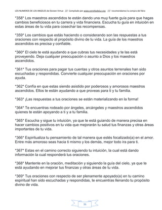LOS NUMEROS DE LOS ANGELES de Doreen Virtue /// Compilado por www.estrelladeluz.org /// recomendamos la compra del libro
36
*358* Los maestros ascendidos te están dando una muy fuerte guía para que hagas
cambios beneficiosos en tu carrera y vida financiera. Escucha tu guía en intuición en
estas áreas de tu vida para cosechar las recompensas.
*359* Los cambios que estás haciendo o considerando son las respuestas a tus
oraciones con respecto al propósito divino de tu vida. La guía de los maestros
ascendidos es precisa y confiable.
*360* El cielo te está ayudando a que cubras tus necesidades y te las está
proveyendo. Deja cualquier preocupación o asunto a Dios y los maestros
ascendidos.
*361* Tus oraciones para pagar tus cuentas y otros asuntos terrenales han sido
escuchadas y respondidas. Convierte cualquier preocupación en oraciones por
ayuda.
*362* Confía en que estas siendo asistido por poderosos y amorosos maestros
ascendidos. Ellos te están ayudando a que proveas para ti y tu familia.
*363* ¡Las respuestas a tus oraciones se están materializando en la forma!
*364* Te encuentras rodeado por ángeles, arcángeles y maestros ascendidos
quienes te están apoyando a ti y a tu familia.
*365* Escucha y sigue tu intuición, ya que te está guiando de manera precisa en
hacer cambios positivos en tu vida que mejorarán tu salud tus finanzas y otras áreas
importantes de tu vida.
*366* Espiritualiza tu pensamiento de tal manera que estés focalizado(a) en el amor.
Entre más amoroso seas hacia ti mismo y los demás, mejor todo ira para ti.
*367* Estas en el camino correcto siguiendo tu intuición, la cual está dando
información la cual responderá tus oraciones.
*368* Mantente en la oración, meditación y siguiendo la guía del cielo, ya que te
está ayudando en mejorar tus finanzas y otras áreas de tu vida.
*369* Tus oraciones con respecto de ser plenamente apoyado(a) en tu camino
espiritual han sido escuchadas y respondidas, te encuentras llenando tu propósito
divino de vida.
 