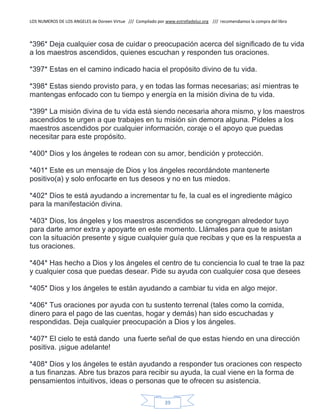 LOS NUMEROS DE LOS ANGELES de Doreen Virtue /// Compilado por www.estrelladeluz.org /// recomendamos la compra del libro
39
*396* Deja cualquier cosa de cuidar o preocupación acerca del significado de tu vida
a los maestros ascendidos, quienes escuchan y responden tus oraciones.
*397* Estas en el camino indicado hacia el propósito divino de tu vida.
*398* Estas siendo provisto para, y en todas las formas necesarias; así mientras te
mantengas enfocado con tu tiempo y energía en la misión divina de tu vida.
*399* La misión divina de tu vida está siendo necesaria ahora mismo, y los maestros
ascendidos te urgen a que trabajes en tu misión sin demora alguna. Pídeles a los
maestros ascendidos por cualquier información, coraje o el apoyo que puedas
necesitar para este propósito.
*400* Dios y los ángeles te rodean con su amor, bendición y protección.
*401* Este es un mensaje de Dios y los ángeles recordándote mantenerte
positivo(a) y solo enfocarte en tus deseos y no en tus miedos.
*402* Dios te está ayudando a incrementar tu fe, la cual es el ingrediente mágico
para la manifestación divina.
*403* Dios, los ángeles y los maestros ascendidos se congregan alrededor tuyo
para darte amor extra y apoyarte en este momento. Llámales para que te asistan
con la situación presente y sigue cualquier guía que recibas y que es la respuesta a
tus oraciones.
*404* Has hecho a Dios y los ángeles el centro de tu conciencia lo cual te trae la paz
y cualquier cosa que puedas desear. Pide su ayuda con cualquier cosa que desees
*405* Dios y los ángeles te están ayudando a cambiar tu vida en algo mejor.
*406* Tus oraciones por ayuda con tu sustento terrenal (tales como la comida,
dinero para el pago de las cuentas, hogar y demás) han sido escuchadas y
respondidas. Deja cualquier preocupación a Dios y los ángeles.
*407* El cielo te está dando una fuerte señal de que estas hiendo en una dirección
positiva. ¡sigue adelante!
*408* Dios y los ángeles te están ayudando a responder tus oraciones con respecto
a tus finanzas. Abre tus brazos para recibir su ayuda, la cual viene en la forma de
pensamientos intuitivos, ideas o personas que te ofrecen su asistencia.
 