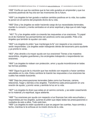 LOS NUMEROS DE LOS ANGELES de Doreen Virtue /// Compilado por www.estrelladeluz.org /// recomendamos la compra del libro
44
*458* Confía en que los cambios que te han sido guiados en emprender y que tus
acciones positivas de hoy día son las inversiones de tu futuro.
*459* Los ángeles te han guiado a realizar cambios positivos en tu vida, los cuales
te ponen en el camino del propósito divino de tu vida.
*460* Dios y los ángeles se están haciendo cargo de tus necesidades terrenales,
mantén tu corazón y mente centrados en el amor espiritual y deja que el cielo haga
el resto.
*461* Tú y los ángeles están co-creando las respuestas a tus oraciones. Tú papel
es el de mantener tus pensamientos tan positivos como sea posible. Pide a los
ángeles que también te ayuden con esto.
*462* Los ángeles te piden “que mantengas la fe” con respecto a tus oraciones
serán respondidas. Los ángeles están trabajando detrás del escenario para ayudarte
y ya pronto lo veras.
*463* ¡Has atraído a la mayor ayuda con tus oraciones! Tienes a los maestros
ascendidos, ángeles guardianes y los arcángeles trabajando o respondiendo tus
oraciones.
*464* Los ángeles te rodean con protección, amor y ayuda incondicional en todas
las formas posibles.
*465* Sigue la guía de tu intuición que has recibido con respecto a hacer cambios
saludables en tu vida. Estos cambios te traerán las respuestas a tus oraciones las
cuales has estado buscando.
*466* Deja las preocupaciones terrenales (tales como tus finanzas, carrera,
relaciones, hogar y demás) a los ángeles. Transforma cada preocupación en una
oración de ayuda; y pronto veras y sentirás la luz en tu vida.
*467* Los ángeles te dicen que estas en el camino correcto, y se están cosechando
en lo material y lo espiritual, sigue adelante.
*468* Tus oraciones por ayuda con respecto a tus finanzas han sido escuchadas y
respondidas por los ángeles, quienes te piden que dejes todas las preocupaciones o
cuidados de esto a ellos. Todo está bien.
*469* Los ángeles te están ayudando a que se paguen las cuentas, haya comida y
techo, mientras tú te enfocas en la misión divina de tu vida.
 