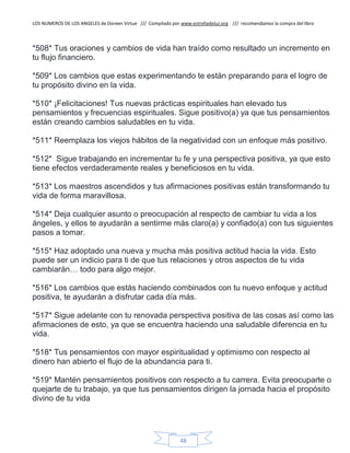 LOS NUMEROS DE LOS ANGELES de Doreen Virtue /// Compilado por www.estrelladeluz.org /// recomendamos la compra del libro
48
*508* Tus oraciones y cambios de vida han traído como resultado un incremento en
tu flujo financiero.
*509* Los cambios que estas experimentando te están preparando para el logro de
tu propósito divino en la vida.
*510* ¡Felicitaciones! Tus nuevas prácticas espirituales han elevado tus
pensamientos y frecuencias espirituales. Sigue positivo(a) ya que tus pensamientos
están creando cambios saludables en tu vida.
*511* Reemplaza los viejos hábitos de la negatividad con un enfoque más positivo.
*512* Sigue trabajando en incrementar tu fe y una perspectiva positiva, ya que esto
tiene efectos verdaderamente reales y beneficiosos en tu vida.
*513* Los maestros ascendidos y tus afirmaciones positivas están transformando tu
vida de forma maravillosa.
*514* Deja cualquier asunto o preocupación al respecto de cambiar tu vida a los
ángeles, y ellos te ayudarán a sentirme más claro(a) y confiado(a) con tus siguientes
pasos a tomar.
*515* Haz adoptado una nueva y mucha más positiva actitud hacia la vida. Esto
puede ser un indicio para ti de que tus relaciones y otros aspectos de tu vida
cambiarán… todo para algo mejor.
*516* Los cambios que estás haciendo combinados con tu nuevo enfoque y actitud
positiva, te ayudarán a disfrutar cada día más.
*517* Sigue adelante con tu renovada perspectiva positiva de las cosas así como las
afirmaciones de esto, ya que se encuentra haciendo una saludable diferencia en tu
vida.
*518* Tus pensamientos con mayor espiritualidad y optimismo con respecto al
dinero han abierto el flujo de la abundancia para ti.
*519* Mantén pensamientos positivos con respecto a tu carrera. Evita preocuparte o
quejarte de tu trabajo, ya que tus pensamientos dirigen la jornada hacia el propósito
divino de tu vida
 