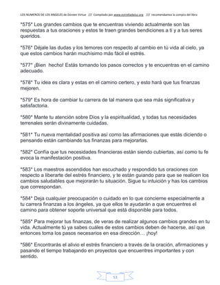 LOS NUMEROS DE LOS ANGELES de Doreen Virtue /// Compilado por www.estrelladeluz.org /// recomendamos la compra del libro
53
*575* Los grandes cambios que te encuentras viviendo actualmente son las
respuestas a tus oraciones y estos te traen grandes bendiciones a ti y a tus seres
queridos.
*576* Déjale las dudas y los temores con respecto al cambio en tú vida al cielo, ya
que estos cambios harán muchísimo más fácil el estrés.
*577* ¡Bien hecho! Estás tomando los pasos correctos y te encuentras en el camino
adecuado.
*578* Tu idea es clara y estas en el camino certero, y esto hará que tus finanzas
mejoren.
*579* Es hora de cambiar tu carrera de tal manera que sea más significativa y
satisfactoria.
*580* Mante tu atención sobre Dios y la espiritualidad, y todas tus necesidades
terrenales serán divinamente cuidadas.
*581* Tu nueva mentalidad positiva así como las afirmaciones que estás diciendo o
pensando están cambiando tus finanzas para mejorarlas.
*582* Confía que tus necesidades financieras están siendo cubiertas, así como tu fe
evoca la manifestación positiva.
*583* Los maestros ascendidos han escuchado y respondido tus oraciones con
respecto a liberarte del estrés financiero, y te están guiando para que se realicen los
cambios saludables que mejorarán tu situación. Sigue tu intuición y has los cambios
que correspondan.
*584* Deja cualquier preocupación o cuidado en lo que concierne especialmente a
tu carrera finanzas a los ángeles, ya que ellos te ayudarán a que encuentres el
camino para obtener soporte universal que está disponible para todos.
*585* Para mejorar tus finanzas, de veras de realizar algunos cambios grandes en tu
vida. Actualmente tú ya sabes cuáles de estos cambios deben de hacerse, así que
entonces toma los pasos necesarios en esa dirección… ¡hoy!
*586* Encontrarás el alivio el estrés financiero a través de la oración, afirmaciones y
pasando el tiempo trabajando en proyectos que encuentres importantes y con
sentido.
 