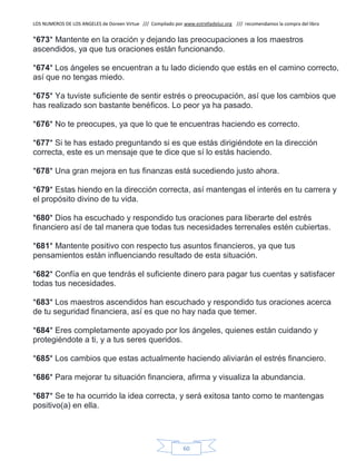LOS NUMEROS DE LOS ANGELES de Doreen Virtue /// Compilado por www.estrelladeluz.org /// recomendamos la compra del libro
60
*673* Mantente en la oración y dejando las preocupaciones a los maestros
ascendidos, ya que tus oraciones están funcionando.
*674* Los ángeles se encuentran a tu lado diciendo que estás en el camino correcto,
así que no tengas miedo.
*675* Ya tuviste suficiente de sentir estrés o preocupación, así que los cambios que
has realizado son bastante benéficos. Lo peor ya ha pasado.
*676* No te preocupes, ya que lo que te encuentras haciendo es correcto.
*677* Si te has estado preguntando si es que estás dirigiéndote en la dirección
correcta, este es un mensaje que te dice que sí lo estás haciendo.
*678* Una gran mejora en tus finanzas está sucediendo justo ahora.
*679* Estas hiendo en la dirección correcta, así mantengas el interés en tu carrera y
el propósito divino de tu vida.
*680* Dios ha escuchado y respondido tus oraciones para liberarte del estrés
financiero así de tal manera que todas tus necesidades terrenales estén cubiertas.
*681* Mantente positivo con respecto tus asuntos financieros, ya que tus
pensamientos están influenciando resultado de esta situación.
*682* Confía en que tendrás el suficiente dinero para pagar tus cuentas y satisfacer
todas tus necesidades.
*683* Los maestros ascendidos han escuchado y respondido tus oraciones acerca
de tu seguridad financiera, así es que no hay nada que temer.
*684* Eres completamente apoyado por los ángeles, quienes están cuidando y
protegiéndote a ti, y a tus seres queridos.
*685* Los cambios que estas actualmente haciendo aliviarán el estrés financiero.
*686* Para mejorar tu situación financiera, afirma y visualiza la abundancia.
*687* Se te ha ocurrido la idea correcta, y será exitosa tanto como te mantengas
positivo(a) en ella.
 