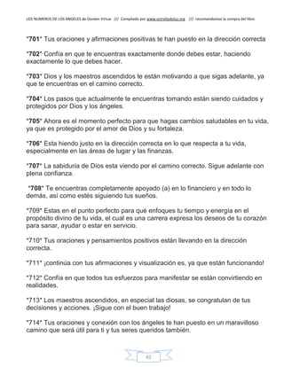 LOS NUMEROS DE LOS ANGELES de Doreen Virtue /// Compilado por www.estrelladeluz.org /// recomendamos la compra del libro
62
*701* Tus oraciones y afirmaciones positivas te han puesto en la dirección correcta
*702* Confía en que te encuentras exactamente donde debes estar, haciendo
exactamente lo que debes hacer.
*703* Dios y los maestros ascendidos te están motivando a que sigas adelante, ya
que te encuentras en el camino correcto.
*704* Los pasos que actualmente te encuentras tomando están siendo cuidados y
protegidos por Dios y los ángeles.
*705* Ahora es el momento perfecto para que hagas cambios saludables en tu vida,
ya que es protegido por el amor de Dios y su fortaleza.
*706* Esta hiendo justo en la dirección correcta en lo que respecta a tu vida,
especialmente en las áreas de lugar y las finanzas.
*707* La sabiduría de Dios esta viendo por el camino correcto. Sigue adelante con
plena confianza.
*708* Te encuentras completamente apoyado (a) en lo financiero y en todo lo
demás, así como estés siguiendo tus sueños.
*709* Estas en el punto perfecto para qué enfoques tu tiempo y energía en el
propósito divino de tu vida, el cual es una carrera expresa los deseos de tu corazón
para sanar, ayudar o estar en servicio.
*710* Tus oraciones y pensamientos positivos están llevando en la dirección
correcta.
*711* ¡continúa con tus afirmaciones y visualización es, ya que están funcionando!
*712* Confía en que todos tus esfuerzos para manifestar se están convirtiendo en
realidades.
*713* Los maestros ascendidos, en especial las diosas, se congratulan de tus
decisiones y acciones. ¡Sigue con el buen trabajo!
*714* Tus oraciones y conexión con los ángeles te han puesto en un maravilloso
camino que será útil para ti y tus seres queridos también.
 