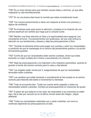 LOS NUMEROS DE LOS ANGELES de Doreen Virtue /// Compilado por www.estrelladeluz.org /// recomendamos la compra del libro
66
*756* Es un buen tiempo para que intentes nuevas ideas y caminos, ya que ellos
mejorarán tu vida dramáticamente.
*757* Sí, es una buena idea hacer la movida que estas considerando hacer.
*758* Tus nuevos pensamientos e ideas con respecto al dinero son precisos y
dignos de confianza.
*759* Es el tiempo justo para poner tu atención y energía en la creación de una
carrera espiritual con sentido que haga que tu corazón cante.
*760* Mantén una firme atención en Dios y la espiritualidad para asegurar una
consistente armonía. Tus pensamientos son poderosos, así que sólo enfoca tu
atención en sus bendiciones y deseos y deja las preocupaciones a Dios.
*761* Tendrás el suficiente dinero para pagar sus cuentas y cubrir tus necesidades,
a condición de que te mantengas en el camino del pensamiento positivo y la acción
divinamente guiadas.
*762* Confía de que tus necesidades están siendo cuidadas, ahora que estas
tomando un mejor cuidado de ti mismo y escuchando a tu intuición.
*763* Deja las preocupaciones o la indecisión a los maestros ascendidos, quienes te
guiarán a través del camino correcto para tu casa y vida laboral.
*764* Los ángeles están viendo por ti, asegurándose de que tus necesidades
terrenales están cubiertas.
*765* Los cambios que estás haciendo o considerando te han puesto en el camino
correcto para liberarte del estrés e incrementar tu bienestar.
*766* Todo se encuentra bien. Todas tus cuenta serán pagadas y todas tus
necesidades estarán cubiertas. Cambia tus preocupaciones en oraciones de ayuda.
*767* A pesar de que todavía no las veas, las respuestas a tus oraciones ya están
aquí. No te des por vencido (a) en el último minuto antes del milagro. ¡Sigue
adelante!
*768* Todas tus necesidades materiales son y serán cubiertas, así como tu
continúes dejándole las preocupaciones al cielo.
 