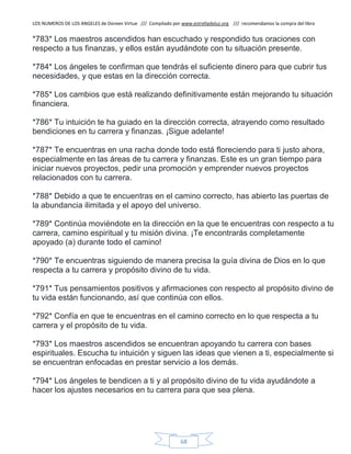 LOS NUMEROS DE LOS ANGELES de Doreen Virtue /// Compilado por www.estrelladeluz.org /// recomendamos la compra del libro
68
*783* Los maestros ascendidos han escuchado y respondido tus oraciones con
respecto a tus finanzas, y ellos están ayudándote con tu situación presente.
*784* Los ángeles te confirman que tendrás el suficiente dinero para que cubrir tus
necesidades, y que estas en la dirección correcta.
*785* Los cambios que está realizando definitivamente están mejorando tu situación
financiera.
*786* Tu intuición te ha guiado en la dirección correcta, atrayendo como resultado
bendiciones en tu carrera y finanzas. ¡Sigue adelante!
*787* Te encuentras en una racha donde todo está floreciendo para ti justo ahora,
especialmente en las áreas de tu carrera y finanzas. Este es un gran tiempo para
iniciar nuevos proyectos, pedir una promoción y emprender nuevos proyectos
relacionados con tu carrera.
*788* Debido a que te encuentras en el camino correcto, has abierto las puertas de
la abundancia ilimitada y el apoyo del universo.
*789* Continúa moviéndote en la dirección en la que te encuentras con respecto a tu
carrera, camino espiritual y tu misión divina. ¡Te encontrarás completamente
apoyado (a) durante todo el camino!
*790* Te encuentras siguiendo de manera precisa la guía divina de Dios en lo que
respecta a tu carrera y propósito divino de tu vida.
*791* Tus pensamientos positivos y afirmaciones con respecto al propósito divino de
tu vida están funcionando, así que continúa con ellos.
*792* Confía en que te encuentras en el camino correcto en lo que respecta a tu
carrera y el propósito de tu vida.
*793* Los maestros ascendidos se encuentran apoyando tu carrera con bases
espirituales. Escucha tu intuición y siguen las ideas que vienen a ti, especialmente si
se encuentran enfocadas en prestar servicio a los demás.
*794* Los ángeles te bendicen a ti y al propósito divino de tu vida ayudándote a
hacer los ajustes necesarios en tu carrera para que sea plena.
 