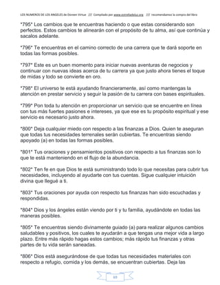 LOS NUMEROS DE LOS ANGELES de Doreen Virtue /// Compilado por www.estrelladeluz.org /// recomendamos la compra del libro
69
*795* Los cambios que te encuentras haciendo o que estas considerando son
perfectos. Estos cambios te alinearán con el propósito de tu alma, así que continúa y
sacalos adelante.
*796* Te encuentras en el camino correcto de una carrera que te dará soporte en
todas las formas posibles.
*797* Este es un buen momento para iniciar nuevas aventuras de negocios y
continuar con nuevas ideas acerca de tu carrera ya que justo ahora tienes el toque
de midas y todo se convierte en oro.
*798* El universo te está ayudando financieramente, así como mantengas la
atención en prestar servicio y seguir la pasión de tu carrera con bases espirituales.
*799* Pon toda tu atención en proporcionar un servicio que se encuentre en línea
con tus más fuertes pasiones e intereses, ya que ese es tu propósito espiritual y ese
servicio es necesario justo ahora.
*800* Deja cualquier miedo con respecto a las finanzas a Dios. Quien te aseguran
que todas tus necesidades terrenales serán cubiertas. Te encuentras siendo
apoyado (a) en todas las formas posibles.
*801* Tus oraciones y pensamientos positivos con respecto a tus finanzas son lo
que te está manteniendo en el flujo de la abundancia.
*802* Ten fe en que Dios te está suministrando todo lo que necesitas para cubrir tus
necesidades, incluyendo al ayudarte con tus cuentas. Sigue cualquier intuición
divina que llegué a ti.
*803* Tus oraciones por ayuda con respecto tus finanzas han sido escuchadas y
respondidas.
*804* Dios y los ángeles están viendo por ti y tu familia, ayudándote en todas las
maneras posibles.
*805* Te encuentras siendo divinamente guiado (a) para realizar algunos cambios
saludables y positivos, los cuales te ayudarán a que tengas una mejor vida a largo
plazo. Entre más rápido hagas estos cambios; más rápido tus finanzas y otras
partes de tu vida serán saneadas.
*806* Dios está asegurándose de que todas tus necesidades materiales con
respecto a refugio, comida y los demás, se encuentran cubiertas. Deja las
 