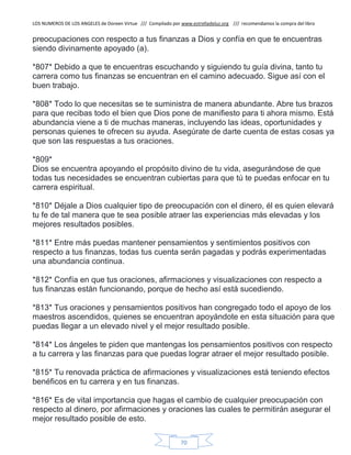 LOS NUMEROS DE LOS ANGELES de Doreen Virtue /// Compilado por www.estrelladeluz.org /// recomendamos la compra del libro
70
preocupaciones con respecto a tus finanzas a Dios y confía en que te encuentras
siendo divinamente apoyado (a).
*807* Debido a que te encuentras escuchando y siguiendo tu guía divina, tanto tu
carrera como tus finanzas se encuentran en el camino adecuado. Sigue así con el
buen trabajo.
*808* Todo lo que necesitas se te suministra de manera abundante. Abre tus brazos
para que recibas todo el bien que Dios pone de manifiesto para ti ahora mismo. Está
abundancia viene a ti de muchas maneras, incluyendo las ideas, oportunidades y
personas quienes te ofrecen su ayuda. Asegúrate de darte cuenta de estas cosas ya
que son las respuestas a tus oraciones.
*809*
Dios se encuentra apoyando el propósito divino de tu vida, asegurándose de que
todas tus necesidades se encuentran cubiertas para que tú te puedas enfocar en tu
carrera espiritual.
*810* Déjale a Dios cualquier tipo de preocupación con el dinero, él es quien elevará
tu fe de tal manera que te sea posible atraer las experiencias más elevadas y los
mejores resultados posibles.
*811* Entre más puedas mantener pensamientos y sentimientos positivos con
respecto a tus finanzas, todas tus cuenta serán pagadas y podrás experimentadas
una abundancia continua.
*812* Confía en que tus oraciones, afirmaciones y visualizaciones con respecto a
tus finanzas están funcionando, porque de hecho así está sucediendo.
*813* Tus oraciones y pensamientos positivos han congregado todo el apoyo de los
maestros ascendidos, quienes se encuentran apoyándote en esta situación para que
puedas llegar a un elevado nivel y el mejor resultado posible.
*814* Los ángeles te piden que mantengas los pensamientos positivos con respecto
a tu carrera y las finanzas para que puedas lograr atraer el mejor resultado posible.
*815* Tu renovada práctica de afirmaciones y visualizaciones está teniendo efectos
benéficos en tu carrera y en tus finanzas.
*816* Es de vital importancia que hagas el cambio de cualquier preocupación con
respecto al dinero, por afirmaciones y oraciones las cuales te permitirán asegurar el
mejor resultado posible de esto.
 