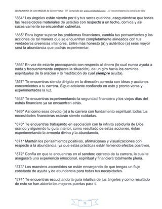 LOS NUMEROS DE LOS ANGELES de Doreen Virtue /// Compilado por www.estrelladeluz.org /// recomendamos la compra del libro
75
*864* Los ángeles están viendo por ti y tus seres queridos, asegurándose que todas
las necesidades materiales de ustedes con respecto a un techo, comida y así
sucesivamente se encuentran cubiertas.
*865* Para lograr superar los problemas financieros, cambia tus pensamientos y las
acciones de tal manera que se encuentran completamente alineados con tus
verdaderas creencias interiores. Entre más honesto (a) y auténtico (a) seas mayor
será la abundancia que podrás experimentar.
*866* En vez de estarte preocupando con respecto al dinero (lo cual nunca ayuda a
nada y frecuentemente empeora la situación), da un giro hacia los caminos
espirituales de la oración y la meditación (lo cual siempre ayuda).
*867* Te encuentras siendo dirigido en la dirección correcta con ideas y acciones
concernientes a tu carrera. Sigue adelante confiando en esto y pronto veras y
experimentadas la luz.
*868* Te encuentras experimentando la seguridad financiera y los viejos días del
estrés financiero ya se encuentran atrás.
*869* Así como seas devoto (a) a tu carrera con fundamento espiritual, todas tus
necesidades financieras estarán siendo cuidadas.
*870* Te encuentras trabajando en asociación con la infinita sabiduría de Dios
orando y siguiendo tu guía interior, como resultado de estas acciones, éstas
experimentando la armonía divina y la abundancia.
*871* Mantén los pensamientos positivos, afirmaciones y visualizaciones con
respecto a la abundancia; ya que estas prácticas están teniendo efectos positivos.
*872* Confía en que te encuentras en el sendero correcto de tu carrera, la cual te
asegurará una experiencia emocional, espiritual y financiera totalmente plena.
*873* Los maestros ascendidos se están encargando de que tengas un flujo
constante de ayuda y de abundancia para todas tus necesidades.
*874* Te encuentras escuchando la guía intuitiva de tus ángeles y como resultado
de esto se han abierto las mejores puertas para ti.
 