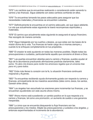 LOS NUMEROS DE LOS ANGELES de Doreen Virtue /// Compilado por www.estrelladeluz.org /// recomendamos la compra del libro
76
*875* Los cambios que te encuentras realizando o considerando están sanando tu
carrera y las finanzas. Sigue adelante con estos cambios confiando en ellos.
*876* Te encuentras tomando los pasos adecuados para asegurar que tus
necesidades materiales y financieras se encuentren cubiertas.
*877* Definitivamente te encuentras en el camino adecuado, así que sigue adelante.
La ruta que actualmente estas siguiendo te traerá recompensas espirituales y
materiales.
*878* El camino que actualmente estas siguiendo te asegurará el apoyo financiero.
Haz escogido de manera correcta.
*879* Sigue trabajando por tus sueños y deseos, ya que estas son las bases de la
misión divina de tu vida. Tus finanzas se harán cargo de si mismas siempre y
cuando tú te enfoques completamente en tus propósitos.
*880* El creador te está ayudando en todas las maneras posibles. Déjale todas las
preocupaciones o cuidados, particularmente aquello que concierne al dinero a Dios.
*881* Las puertas encuentran abiertas para tu carrera y finanzas, puedes ayudar al
flujo de la abundancia practicando afirmaciones positivas diariamente, tales
como: Yo abro mis brazos para recibir los amorosos regalos que el universo trae
para míy para todos.
*882* Entre más llenes tu corazón con la fe, tu situación financiera continuará
mejorando y fluyendo.
*883* Te encuentras recibiendo ayuda divinamente guiada con respecto tu carrera y
finanzas, principalmente de los maestros ascendidos (tales como Jesús, los santos,
Ganesh entre otros).
*884* Los ángeles han escuchado tus oraciones para incrementar tus finanzas, y se
encuentran ayudándote con este asunto ahora mismo.
*885* Ahora mismo está sucediendo un cambio positivo en lo que respecta a tu
carrera y finanzas, tal como una promoción, un aumento de sueldo o una ganancia
inesperada.
*886* Lo único que se encuentra bloqueando tu flujo financiero son las
preocupaciones y los miedos. Déjale las preocupaciones y cuidados a los ángeles, y
entonces experimentadas el incremento de la abundancia.
 