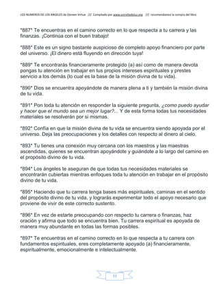 LOS NUMEROS DE LOS ANGELES de Doreen Virtue /// Compilado por www.estrelladeluz.org /// recomendamos la compra del libro
77
*887* Te encuentras en el camino correcto en lo que respecta a tu carrera y las
finanzas. ¡Continúa con el buen trabajo!
*888* Este es un signo bastante auspicioso de completo apoyo financiero por parte
del universo. ¡El dinero está fluyendo en dirección tuya!
*889* Te encontrarás financieramente protegido (a) así como de manera devota
pongas tu atención en trabajar en tus propios intereses espirituales y prestes
servicio a los demás (lo cual es la base de la misión divina de tu vida).
*890* Dios se encuentra apoyándote de manera plena a ti y también la misión divina
de tu vida.
*891* Pon toda tu atención en responder la siguiente pregunta, ¿ como puedo ayudar
y hacer que el mundo sea un mejor lugar?... Y de esta forma todas tus necesidades
materiales se resolverán por si mismas.
*892* Confía en que la misión divina de tu vida se encuentra siendo apoyada por el
universo. Deja las preocupaciones y los detalles con respecto al dinero al cielo.
*893* Tu tienes una conexión muy cercana con los maestros y las maestras
ascendidas, quienes se encuentran apoyándote y guiándote a lo largo del camino en
el propósito divino de tu vida.
*894* Los ángeles te aseguran de que todas tus necesidades materiales se
encontrarán cubiertas mientras enfoques toda tu atención en trabajar en el propósito
divino de tu vida.
*895* Haciendo que tu carrera tenga bases más espirituales, caminas en el sentido
del propósito divino de tu vida, y lograrás experimentar todo el apoyo necesario que
proviene de vivir de este correcto sustento.
*896* En vez de estarte preocupando con respecto tu carrera o finanzas, haz
oración y afirma que todo se encuentra bien. Tu carrera espiritual es apoyada de
manera muy abundante en todas las formas posibles.
*897* Te encuentras en el camino correcto en lo que respecta a tu carrera con
fundamentos espirituales, eres completamente apoyado (a) financieramente,
espiritualmente, emocionalmente e intelectualmente.
 