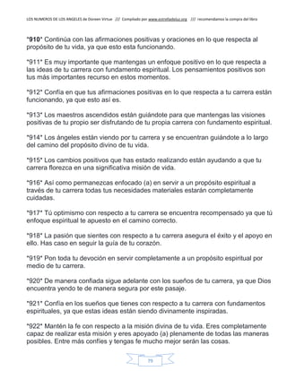 LOS NUMEROS DE LOS ANGELES de Doreen Virtue /// Compilado por www.estrelladeluz.org /// recomendamos la compra del libro
79
*910* Continúa con las afirmaciones positivas y oraciones en lo que respecta al
propósito de tu vida, ya que esto esta funcionando.
*911* Es muy importante que mantengas un enfoque positivo en lo que respecta a
las ideas de tu carrera con fundamento espiritual. Los pensamientos positivos son
tus más importantes recurso en estos momentos.
*912* Confía en que tus afirmaciones positivas en lo que respecta a tu carrera están
funcionando, ya que esto así es.
*913* Los maestros ascendidos están guiándote para que mantengas las visiones
positivas de tu propio ser disfrutando de tu propia carrera con fundamento espiritual.
*914* Los ángeles están viendo por tu carrera y se encuentran guiándote a lo largo
del camino del propósito divino de tu vida.
*915* Los cambios positivos que has estado realizando están ayudando a que tu
carrera florezca en una significativa misión de vida.
*916* Así como permanezcas enfocado (a) en servir a un propósito espiritual a
través de tu carrera todas tus necesidades materiales estarán completamente
cuidadas.
*917* Tú optimismo con respecto a tu carrera se encuentra recompensado ya que tú
enfoque espiritual te apuesto en el camino correcto.
*918* La pasión que sientes con respecto a tu carrera asegura el éxito y el apoyo en
ello. Has caso en seguir la guía de tu corazón.
*919* Pon toda tu devoción en servir completamente a un propósito espiritual por
medio de tu carrera.
*920* De manera confiada sigue adelante con los sueños de tu carrera, ya que Dios
encuentra yendo te de manera segura por este pasaje.
*921* Confía en los sueños que tienes con respecto a tu carrera con fundamentos
espirituales, ya que estas ideas están siendo divinamente inspiradas.
*922* Mantén la fe con respecto a la misión divina de tu vida. Eres completamente
capaz de realizar esta misión y eres apoyado (a) plenamente de todas las maneras
posibles. Entre más confíes y tengas fe mucho mejor serán las cosas.
 