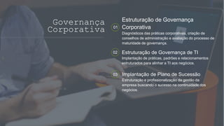 Governança
Corporativa 01
Estruturação de Governança
Corporativa
Diagnósticos das práticas corporativas, criação de
conselhos de administração e avaliação do processo de
maturidade de governança.
02 Estruturação de Governança de TI
Implantação de práticas, padrões e relacionamentos
estruturados para alinhar a TI aos negócios.
03 Implantação de Plano de Sucessão
Estruturação e profissionalização da gestão da
empresa buscando o sucesso na continuidade dos
negócios.
 