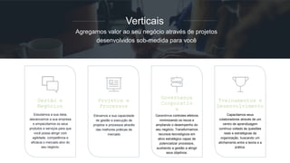 Estudamos a sua ideia,
alavancamos a sua empresa
e empacotamos os seus
produtos e serviços para que
você possa atingir com
agilidade, competência e
eficácia o mercado alvo do
seu negócio.
Gestão e
Negócios
Elevamos a sua capacidade
de gestão e execução de
projetos e processos atravês
das melhores práticas de
mercado
Projetos e
Processos
Garantimos controles efetivos
minimizando os riscos e
ampliando o desempenho do
seu negócio. Transformamos
recursos tecnológicos em
ativo estratégico capaz de
potencializar processos,
auxiliando a gestão a atingir
seus objetivos.
Governança
Corporativ
a
Capacitamos seus
colaboradores através de um
centro de aprendizagem
contínuo voltado às questões
reais e estratégicas da
organização, buscando um
alinhamento entre a teoria e a
prática.
Treinamentos e
Desenvolvimento
Verticais
Agregamos valor ao seu negócio através de projetos
desenvolvidos sob-medida para você
 