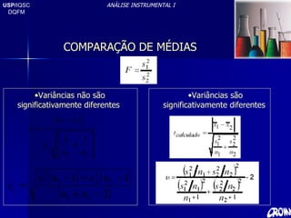 USP/ IQSC DQFM ANÁLISE INSTRUMENTAL I COMPARAÇÃO DE MÉDIAS Variâncias não são significativamente diferentes  Variâncias são significativamente diferentes  