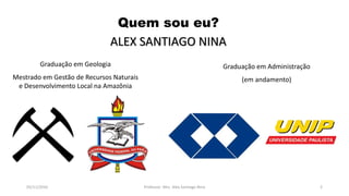 Graduação em Geologia
Mestrado em Gestão de Recursos Naturais
e Desenvolvimento Local na Amazônia
Quem sou eu?
ALEX SANTIAGO NINA
Graduação em Administração
(em andamento)
05/11/2016 Professor: Msc. Alex Santiago Nina 2
 