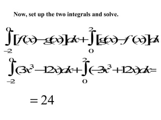 Now, set up the two integrals and solve.
0

2

−
2

0

)− ( ) d
g )− ) d
∫[f(x gx] x+∫[ (x f (x] x
0

2

x 1 x x+ −x 1 x x=
∫(3 − 2 )d ∫( 3 + 2 )d
3

−
2

3

0

= 24

 