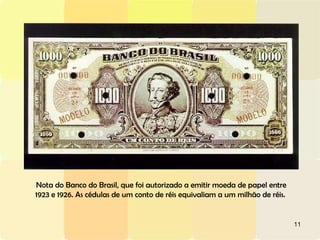 Nota do Banco do Brasil, que foi autorizado a emitir moeda de papel entre 1923 e 1926. As cédulas de um conto de réis equivaliam a um milhão de réis.  