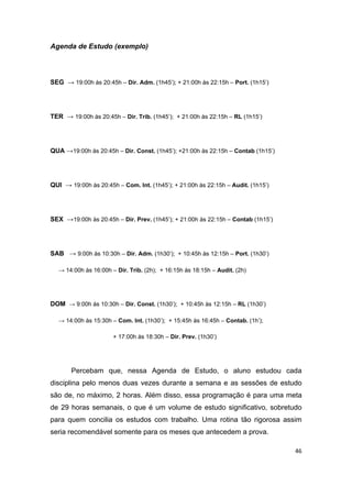 46
Agenda de Estudo (exemplo)
SEG → 19:00h às 20:45h – Dir. Adm. (1h45’); + 21:00h às 22:15h – Port. (1h15’)
TER → 19:00h às 20:45h – Dir. Trib. (1h45’); + 21:00h às 22:15h – RL (1h15’)
QUA →19:00h às 20:45h – Dir. Const. (1h45’); +21:00h às 22:15h – Contab (1h15’)
QUI → 19:00h às 20:45h – Com. Int. (1h45’); + 21:00h às 22:15h – Audit. (1h15’)
SEX →19:00h às 20:45h – Dir. Prev. (1h45’); + 21:00h às 22:15h – Contab (1h15’)
SAB → 9:00h às 10:30h – Dir. Adm. (1h30’); + 10:45h às 12:15h – Port. (1h30’)
→ 14:00h às 16:00h – Dir. Trib. (2h); + 16:15h às 18:15h – Audit. (2h)
DOM → 9:00h às 10:30h – Dir. Const. (1h30’); + 10:45h às 12:15h – RL (1h30’)
→ 14:00h às 15:30h – Com. Int. (1h30’); + 15:45h às 16:45h – Contab. (1h’);
+ 17:00h às 18:30h – Dir. Prev. (1h30’)
Percebam que, nessa Agenda de Estudo, o aluno estudou cada
disciplina pelo menos duas vezes durante a semana e as sessões de estudo
são de, no máximo, 2 horas. Além disso, essa programação é para uma meta
de 29 horas semanais, o que é um volume de estudo significativo, sobretudo
para quem concilia os estudos com trabalho. Uma rotina tão rigorosa assim
seria recomendável somente para os meses que antecedem a prova.
 