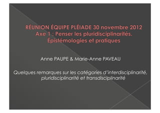 Anne PAUPE & Marie-Anne PAVEAU

Quelques remarques sur les catégories d’interdisciplinarité,
           pluridisciplinarité et transdisciplinarité
 