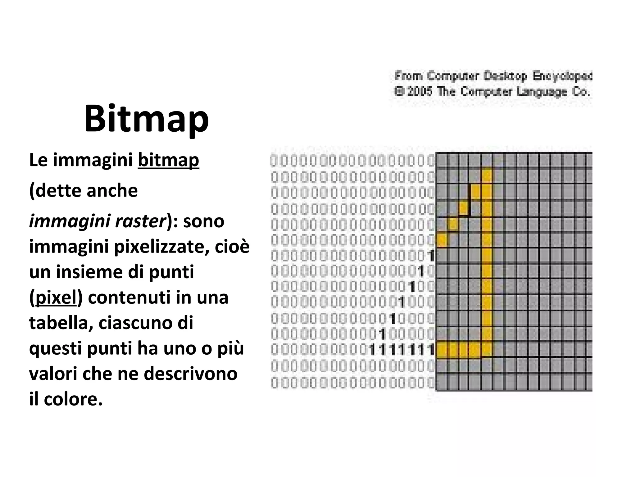 Bitmap
Le immagini bitmap
(dette anche
immagini raster): sono
immagini pixelizzate, cioè
un insieme di punti
(pixel) contenuti in una
tabella, ciascuno di
questi punti ha uno o più
valori che ne descrivono
il colore.
 