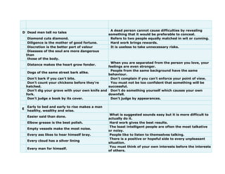 D Dead men tell no tales
A dead person cannot cause difficulties by revealing
something that it would be preferable to conceal.
Diamond cuts diamond. Refers to two people equally matched in wit or cunning.
Diligence is the mother of good fortune. Hard work brings rewards.
Discretion is the better part of valour It is useless to take unnecessary risks.
Diseases of the soul are more dangerous
than
those of the body.
Distance makes the heart grow fonder.
When you are separated from the person you love, your
feelings are even stronger.
Dogs of the same street bark alike.
People from the same background have the same
behaviour.
Don't bark if you can't bite. Don't complain if you can't enforce your point of view.
Don't count your chickens before they're
hatched.
You must not be too confident that something will be
successful.
Don't dig your grave with your own knife and
fork.
Don't do something yourself which causes your own
downfall.
Don't judge a book by its cover. Don't judge by appearances.
E
Early to bed and early to rise makes a man
healthy, wealthy and wise.
Easier said than done.
What is suggested sounds easy but it is more difficult to
actually do it.
Elbow grease is the best polish. Hard work gives the best results.
Empty vessels make the most noise.
The least intelligent people are often the most talkative
or noisy.
Every ass likes to hear himself bray. People like to listen to themselves talking.
Every cloud has a silver lining
There is a positive or hopeful side to every unpleasant
situation.
Every man for himself.
You must think of your own interests before the interests
of others.
 