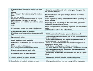 If a camel gets his nose in a tent, his body
will
follow.
If you let something intrusive enter your life, your life
will become difficult .
If in February there be no rain, 'tis neither
good
for hay nor grain.
Plants and crops will grow badly if there is no rain in
early spring.
If you are patient in one moment of anger,
you will avoid 100 days of sorrow.
Avoid regrets by taking time to think before speaking or
acting angrily.
If you chase two rabbits, you will not catch
either
one.
If you try to do two things at the same time, you won't
succeed in doing either of them.
If two ride a horse, one must ride behind.
When two people do something together, one will be the
leader
and the other will be the subordinate.
If you want a friend, be a friend.
If wishes were horses, then beggars would
ride.
Wishing alone is of no use; you must act as well.
Ignorance is bliss.
Possible interpretation: What you do not know causes no
worry or sadness.
In for a penny, in for a pound.
If you start something, it's better to spend the time or
money necessary to complete it.
In the land of the blind, the one-eyed man is
king.
A man of even limited ability has an advantage over a
person who is less able.
It never rains but it pours. Misfortunes usually come in large numbers.
It is always darkest before the dawn The most difficult time is just before a problem is solved.
It's no use crying over spilt milk.
Don't express regret for something that has happened
and cannot be remedied.
It takes all sorts to make a world.
People vary in character and abilities, and this is a good
thing.
J Justice delayed is justice denied. If the law is applied too late, there is no justice.
K Knowledge in youth is wisdom in age. What you learn when you are young will be invaluable
 