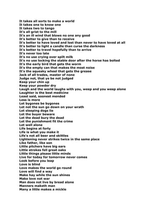 It takes all sorts to make a world
It takes one to know one
It takes two to tango
It's all grist to the mill
It's an ill wind that blows no one any good
It's better to give than to receive
It's better to have loved and lost than never to have loved at all
It's better to light a candle than curse the darkness
It's better to travel hopefully than to arrive
It's never too late
It's no use crying over spilt milk
It's no use locking the stable door after the horse has bolted
It's the early bird that gets the worm
It's the empty can that makes the most noise
It's the squeaky wheel that gets the grease
Jack of all trades, master of none
Judge not, that ye be not judged
Keep your chin up
Keep your powder dry
Laugh and the world laughs with you, weep and you weep alone
Laughter is the best medicine
Least said, soonest mended
Less is more
Let bygones be bygones
Let not the sun go down on your wrath
Let sleeping dogs lie
Let the buyer beware
Let the dead bury the dead
Let the punishment fit the crime
Let well alone
Life begins at forty
Life is what you make it
Life's not all beer and skittles
Lightening never strikes twice in the same place
Like father, like son
Little pitchers have big ears
Little strokes fell great oaks
Little things please little minds
Live for today for tomorrow never comes
Look before you leap
Love is blind
Love makes the world go round
Love will find a way
Make hay while the sun shines
Make love not war
Man does not live by bread alone
Manners maketh man
Many a little makes a mickle
 