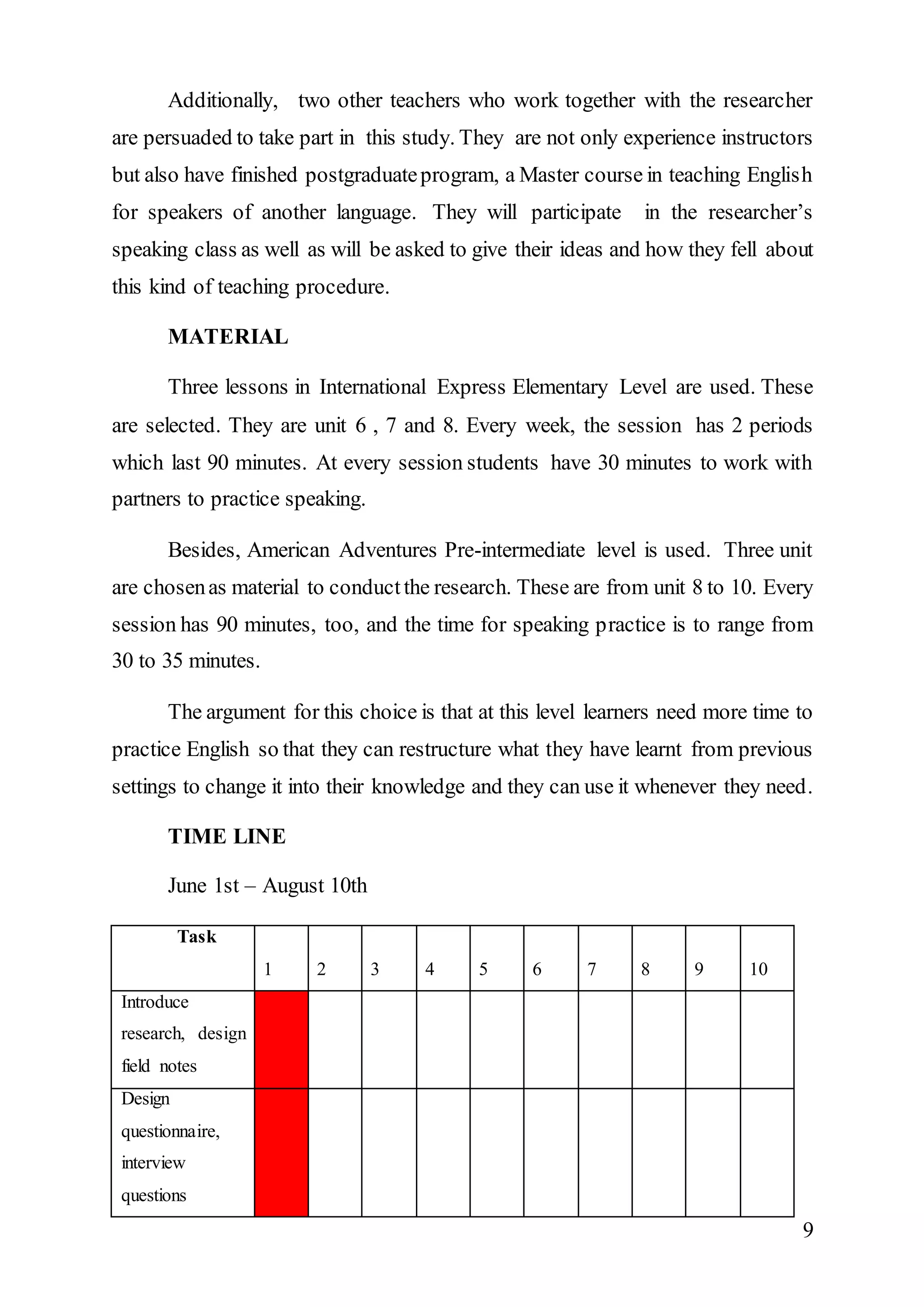 Additionally, two other teachers who work together with the researcher 
are persuaded to take part in this study. They are not only experience instructors 
but also have finished postgraduate program, a Master course in teaching English 
for speakers of another language. They will participate in the researcher’s 
speaking class as well as will be asked to give their ideas and how they fell about 
this kind of teaching procedure. 
9 
MATERIAL 
Three lessons in International Express Elementary Level are used. These 
are selected. They are unit 6 , 7 and 8. Every week, the session has 2 periods 
which last 90 minutes. At every session students have 30 minutes to work with 
partners to practice speaking. 
Besides, American Adventures Pre-intermediate level is used. Three unit 
are chosen as material to conduct the research. These are from unit 8 to 10. Every 
session has 90 minutes, too, and the time for speaking practice is to range from 
30 to 35 minutes. 
The argument for this choice is that at this level learners need more time to 
practice English so that they can restructure what they have learnt from previous 
settings to change it into their knowledge and they can use it whenever they need. 
TIME LINE 
June 1st – August 10th 
Task W 
1 
W 
2 
W 
3 
W 
4 
W 
5 
W 
6 
W 
7 
W 
8 
W 
9 
W 
10 
Introduce 
research, design 
field notes 
Design 
questionnaire, 
interview 
questions 
 