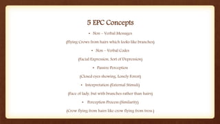 5 EPC Concepts
• Non – Verbal Messages
(Flying Crows from hairs which looks like branches)
• Non – Verbal Codes
(Facial Expression, Sort of Depression)
• Passive Perception
(Closed eyes showing, Lonely Forest)
• Interpretation (External Stimuli)
(Face of lady, but with branches rather than hairs)
• Perception Process (Similarity)
(Crow flying from hairs like crow flying from tress.)
 