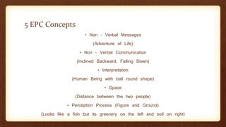 5 EPC Concepts
• Non – Verbal Messages
(Adventure of Life)
• Non – Verbal Communication
(Inclined Backward, Falling Down)
• Interpretation
(Human Being with ball round shape)
• Space
(Distance between the two people)
• Perception Process (Figure and Ground)
(Looks like a fish but its greenery on the left and soil on right)
 