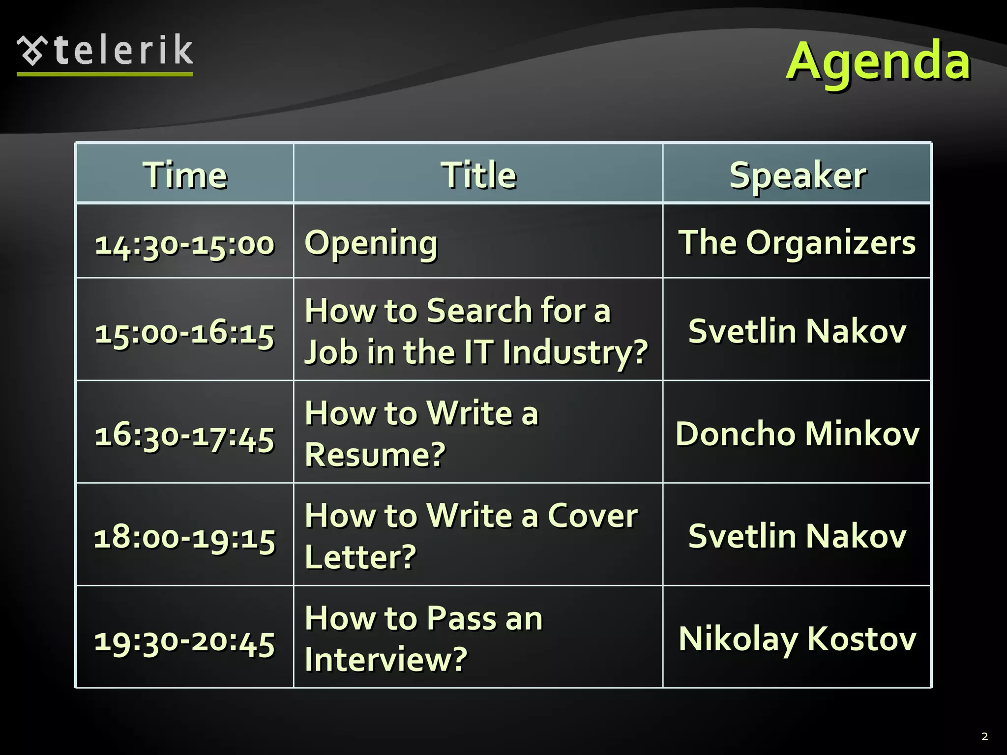 Agenda Time Title Speaker 14:30-15:00 Opening The Organizers 15:00-16:15 How to Search for a Job in the IT Industry? Svetlin Nakov 16:30-17:45 How to Write a Resume? Doncho Minkov 18:00-19:15 How to Write a Cover Letter? Svetlin Nakov 19:30-20:45 How to Pass an Interview? Nikolay Kostov